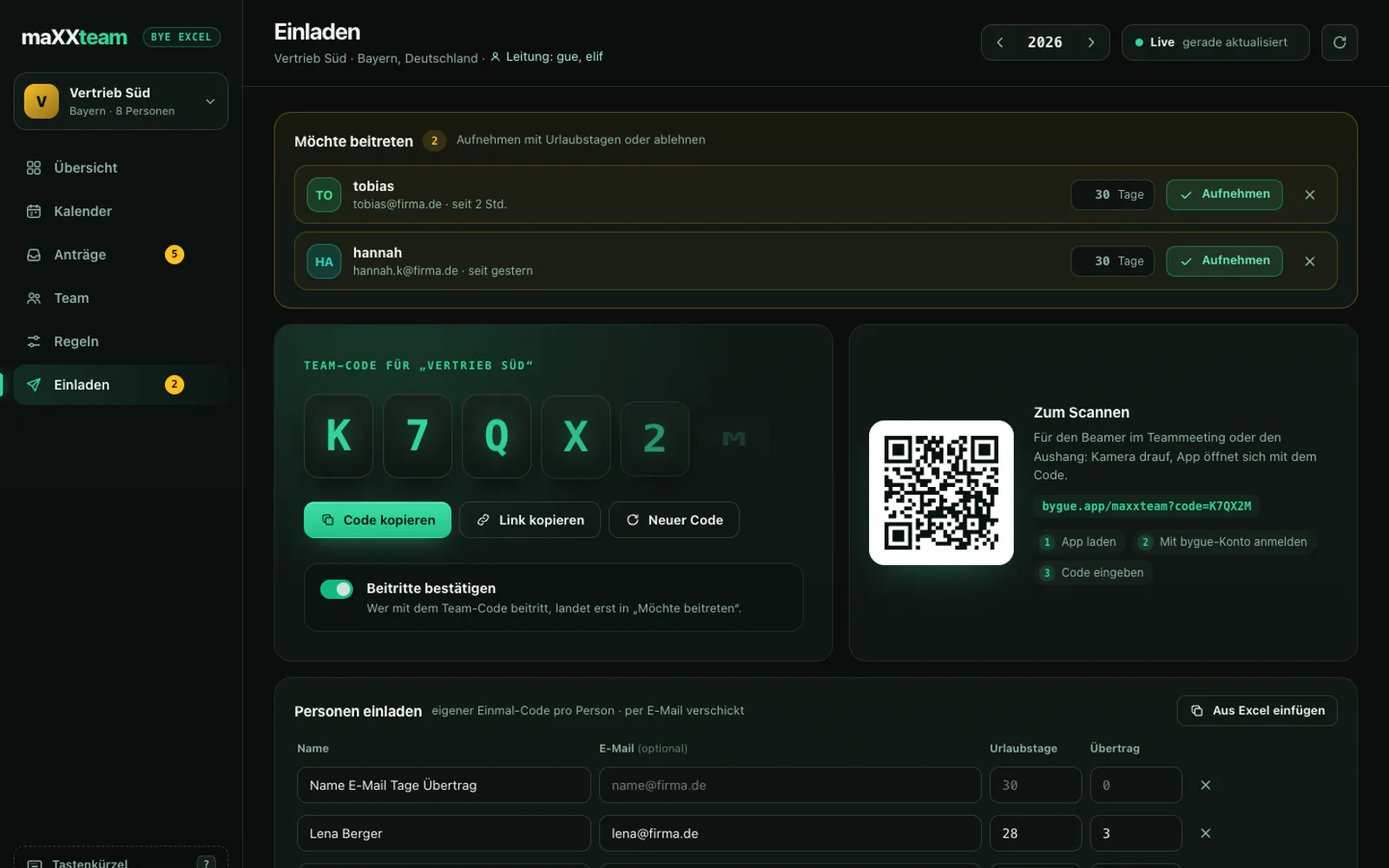 maXXteam Dashboard: Einladen